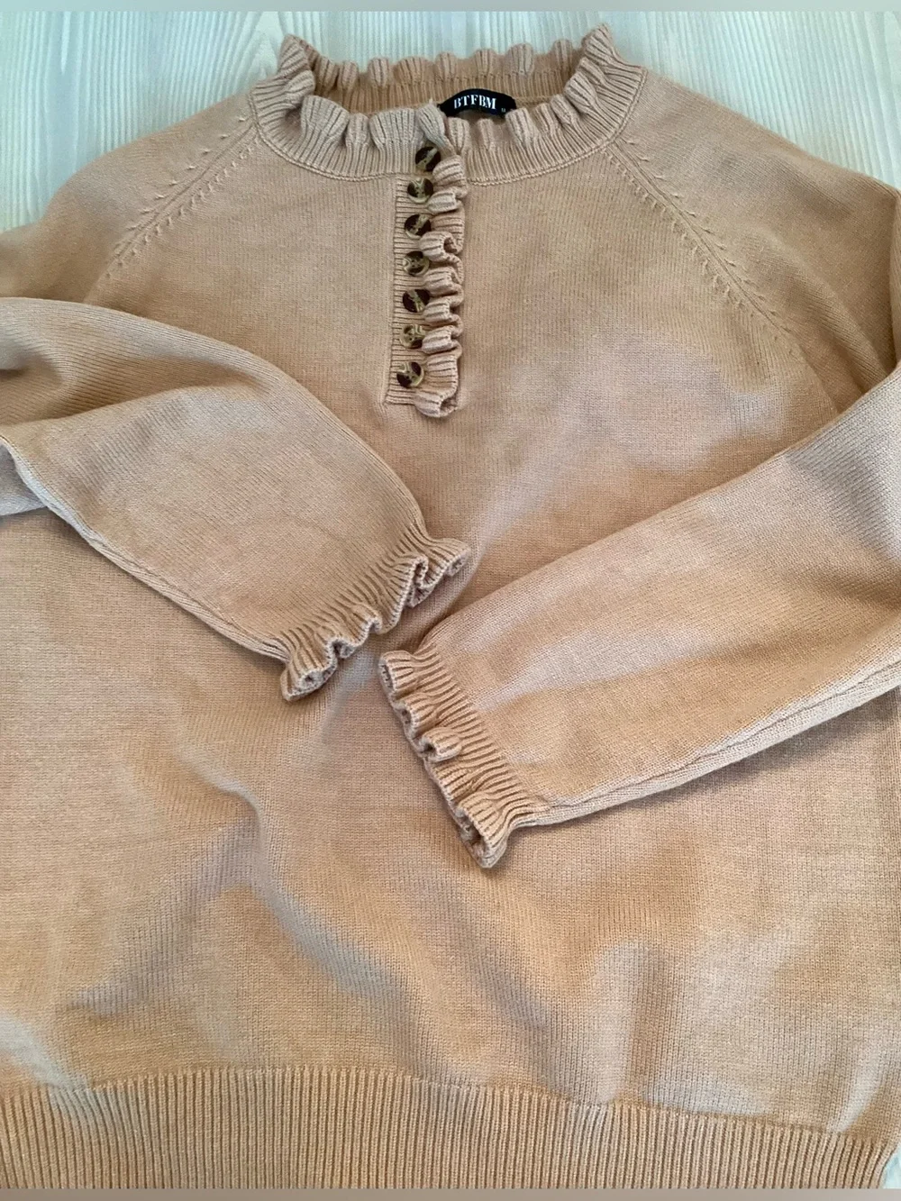 BTFBM Tan Brown Sweater with Ruffle Neckline & Wrists Size 8 Medium Cottagecore